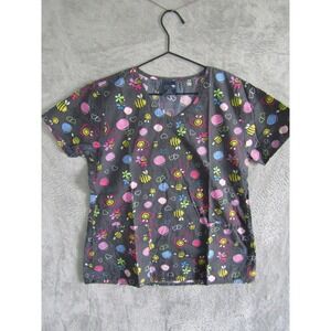 Zoe + Chloe Scrub Top Small Gray Bumble Bee Hearts Floral V-Neck 100% Cotton